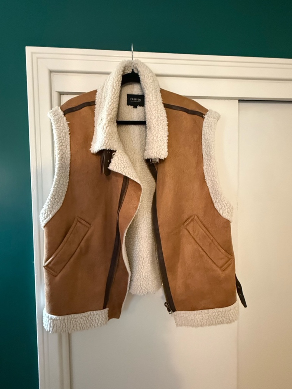 Faux Suede Shearling Vest in Camel with Cream Lining